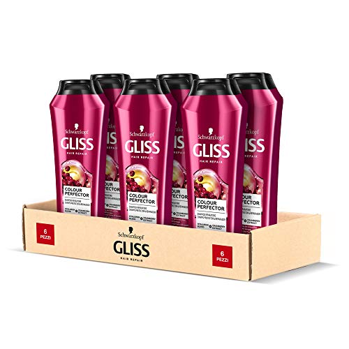Schwarzkopf Gliss, Shampoo Colour Perfector, Ripatore e Protettore Colore, per Capelli Colorati o Schiariti, con Complesso Ialuronico ed Estratto di Mirtillo Rosso, Confezione da 6 Pezzi x 250 ml