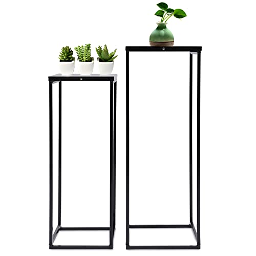 Set di 2 sgabelli per poggiate fiori, in metallo, rettangolari, tavolino decorativo con base a colonna, colore nero