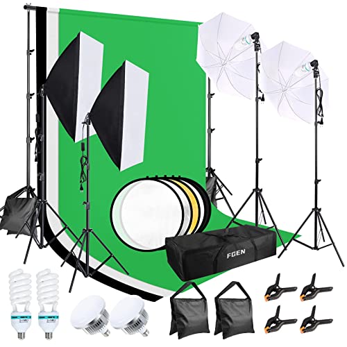 Set Softbox per studio fotografico, FGen cotone Greenscreen, set da 2.6 m x 3 m, con lampada fotografica CFL da 135 W, 85 W, lampada fotografica, sacco di sabbia per prodotti ritratti, foto