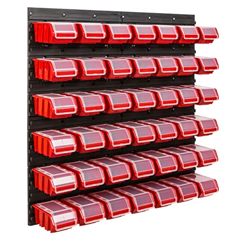 SimpleThing - Sistema di stoccaggio per officina, 78 x 78 cm, 42 scatole, mensola da parete con scatole impilabili, pannelli da parete extra forti, portautensili, per garage, 1