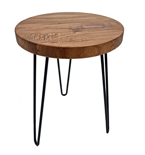 Spetebo Tavolino in legno d olmo, rotondo, 40 cm, in legno massello con 3 gambe in metallo, decorazione in legno, per divano e fiori, sgabello olmo massiccio