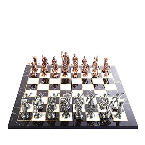 Storico set di scacchi in metallo antico in rame per adulti, pezzi fatti a mano e marmo design scacchiera in legno King 4,3 cm