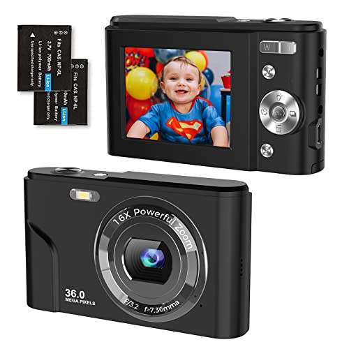 Sunscien Fotocamera Digitale Compatta Fotocamera da 36 Megapixel da 2,4 Pollici con Zoom Digitale 16X, Videocamera FHD 1080P per Bambini, Adulti, Principianti (Nero)