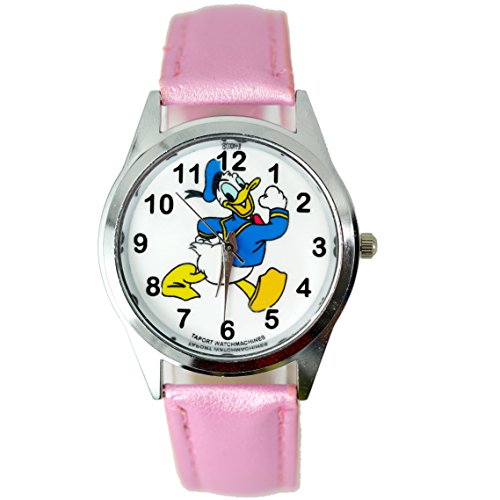 Taport, orologio al quarzo di Paperino, Disney, con cinturino rosa in pelle, con batteria e sacchetto inclusi