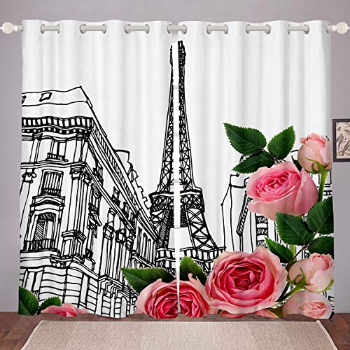 Tende da finestra a torre Eiffel per camera da letto, soggiorno, parigi paesaggio urbano romantico con rose floreali, tende per finestre moderni, trattamenti per finestre francesi, W52 x L90