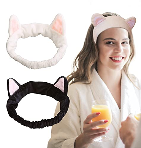Tomedeks 2 pezzi fascia per capelli carino, orecchie di gatto fasce per il trucco soffici per le donne (bianco e nero)