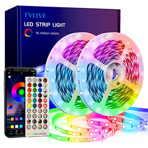 TVLIVE Striscia LED 20 Metri, Bluetooth Nastri LED RGB 5050 Musicale, Controllato da APP e Controller, 28 Modalità di Stille, Funzione Musicale, Strisce LED Camera da Letto, Cucina, Soffitto(10M*2)