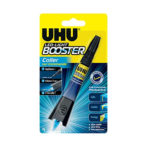 UHU Booster – Colla extra forte qualsiasi supporto, attivata dalla lampada UV inclusa, colla, riparazione, riempimento, protegge, trasparente, tubo 3g
