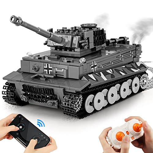 URGEAR Pzkpfw VI Tiger Tank Building Blocks Kit - Modello Militare della WWII Ricaricabile Esercito RC Giocattolo con Telecomando e Controllo App Technic Set per Adulti e Bambini
