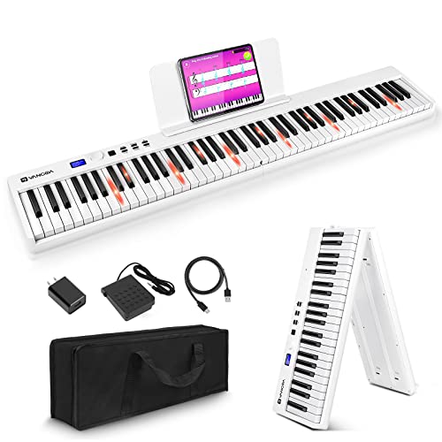 Vangoa 88 Tasti Tastiera di Pianoforte Pieghevole Semi-pesate Digitale Piano con Tasti Illuminati, Ricaricabile, Bluetooth, Bianco
