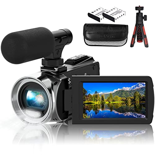 Videocamera, 4K, 36 MP, per fotocamera digitale YouTube 30 FPS, schermo IPS girevole a 270°, con zoom digitale 18x, treppiede, 2 batterie