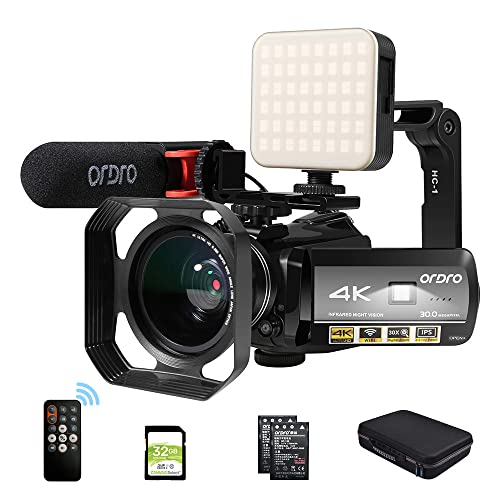 Videocamera ORDRO 4K Videocamera Full HD 1080P 60FPS Vlogging per YouTube Zoom Digitale 30X Schermo IPS da 3,1 con Microfono, Luce LED, Supporto per Fotocamera e Custodia per il Trasporto