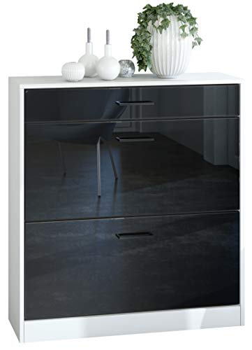 Vladon Mobiletto scarpiera Elvas 89 x 95,5 x 27 cm, Struttura in bianco opaco, frontale in nero lucido | Molteplici opzioni di colore