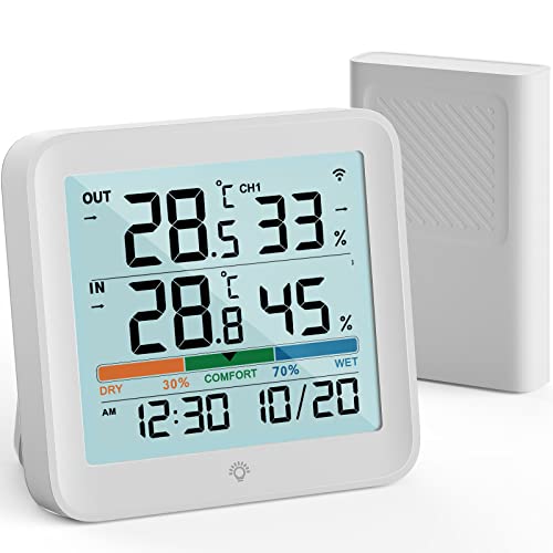 VOCOO Termometro Igrometro Wireless Digitale per Interno Esterno,Monitor di umidità Misuratore di Temperatura e Umidità con 1 Sensori Remoti,Retroilluminazione, Icona Comfort Tendenza, 100m Range