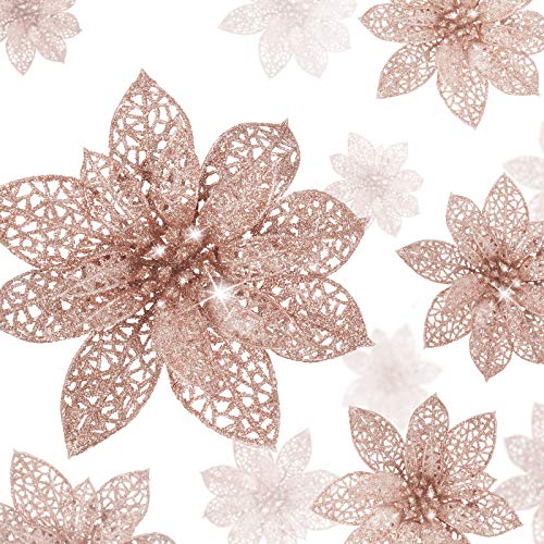 WILLBOND 36 Pezzi Fiori di Natale Glitter Poinsettia Fiori Artificiali Albero di Natale con Glitter di Nozze Ornamenti di Capodanno (Oro Rosa)