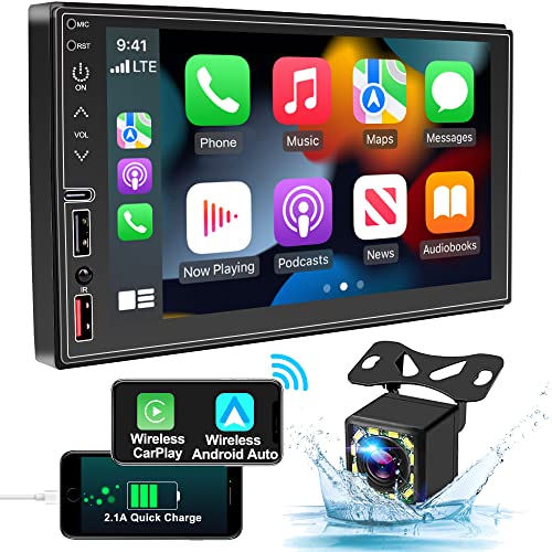 Wireless Autoradio 2 Din Compatibile CarPlay&Android Auto,7 pollici HD Touch Screen con Bluetooth 5.2,Lettore MP5 per auto con Backup Camera(Free) USB Type-C Port SWC AV In MirrorLink AMFM Car Radio