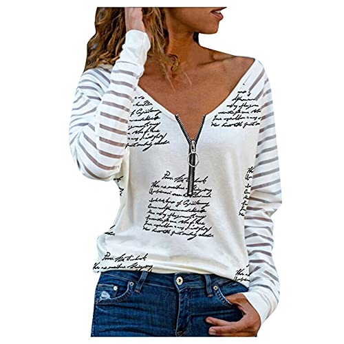 Xmiral Manica lunga in maglia da donna con stampa prospettica con cuciture lunghe e camicetta da donna con cerniera Camicia Trasparente Elegante ( M,Bianco-3 )