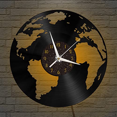 YH Orologio da parete in vinile con mappa del mondo, orologio da parete in vinile silenzioso e senza ticchettio(C、Con luce a LED）