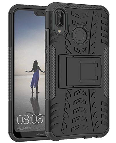 Yiakeng Huawei P20 Lite Cover, Doppio Strato Silicone Antiurto Far Cadere Protezione Con Kickstand Custodia per Huawei P20 Lite (Nero)