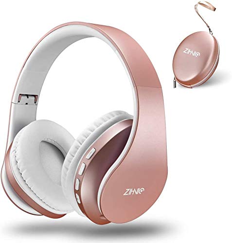 ZIHNIC Cuffie Bluetooth Over-Ear, Cuffie stereo pieghevoli wireless e cablate Micro SD TF, FM per telefoni Samsung pad PC, comode cuffie antirumore e peso leggero per indossarle a lungo (Oro Rosa)